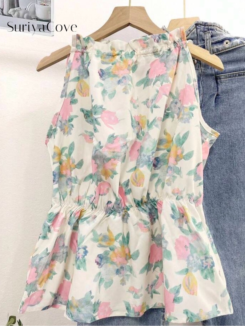Floral Ruffled Sleeveless Peplum Top - White/Pastel